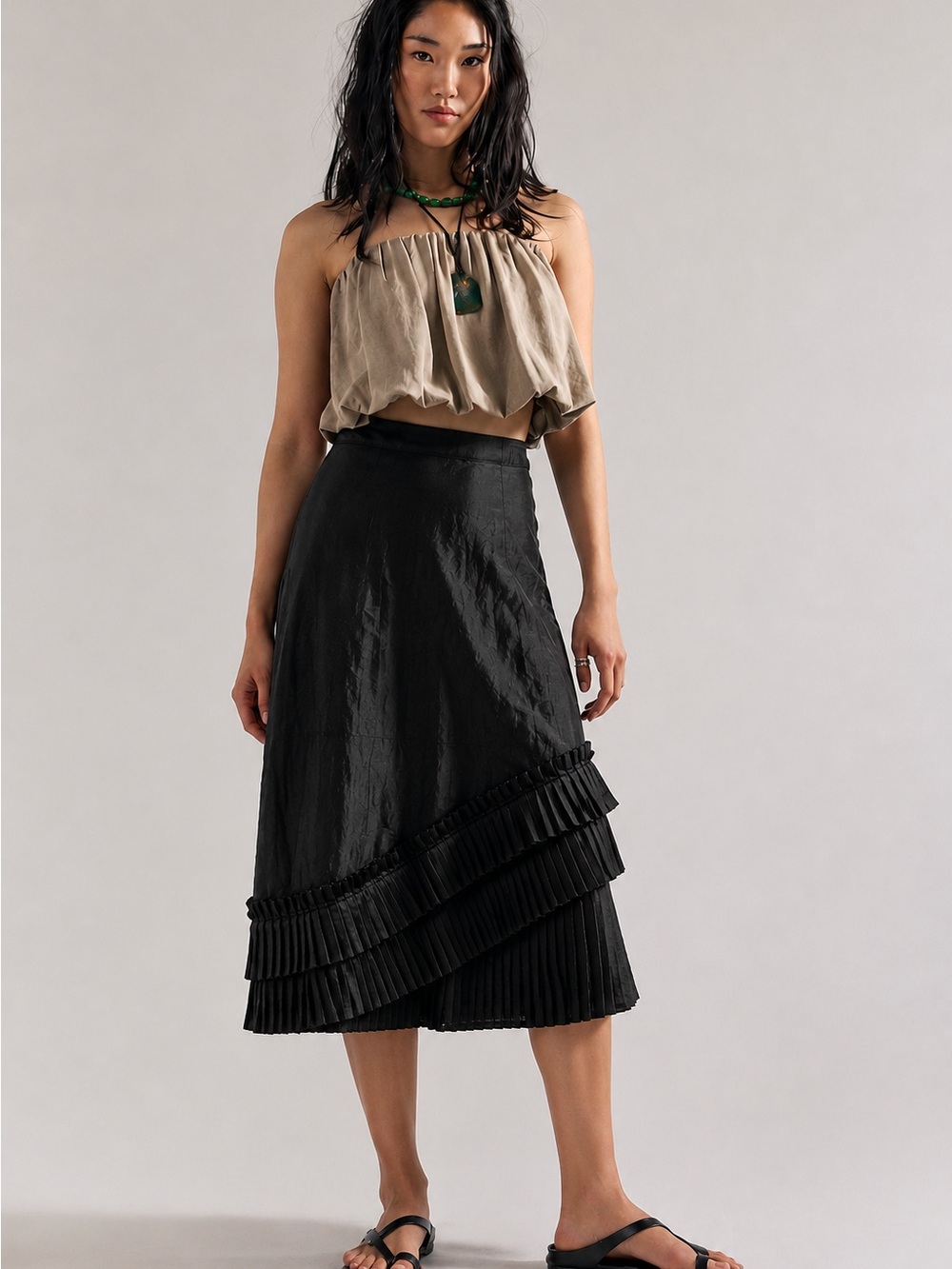 182. Black Tiered Pleated Midi Skirt - Women